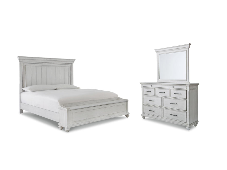 Kanwyn Whitewash Kanwyn Queen Panel Bed with Storage Bench, Dresser and Mirror