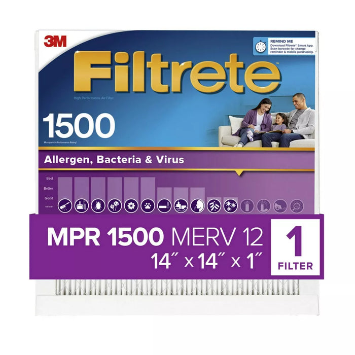 Filtrete 14x14x1 Air Filter, MPR 1500 MERV 12, Allergen, Bacteria and Virus, 1 Filter - new