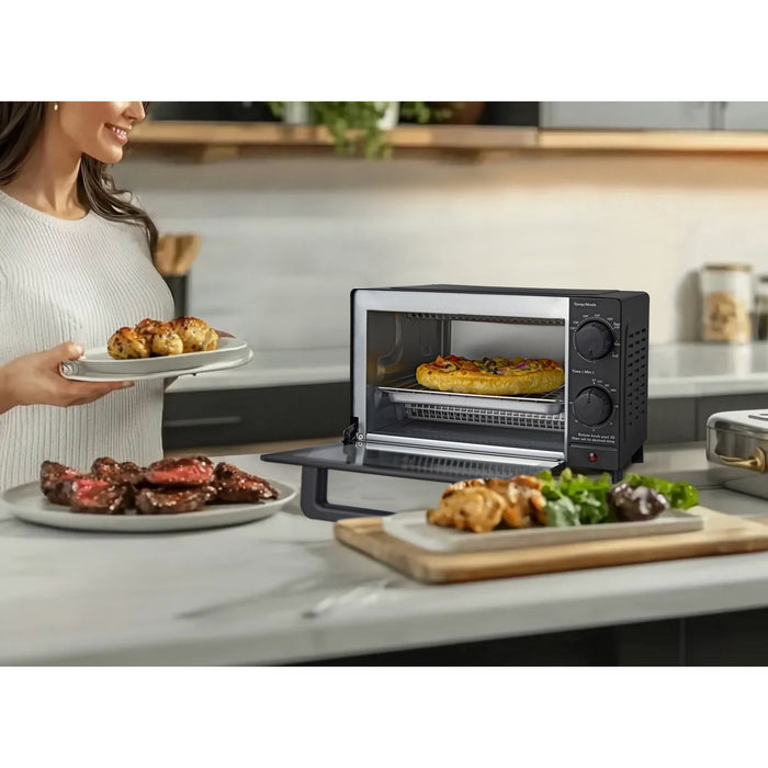 Mainstays 4-Slice Countertop Toaster Oven with 3 Settings, Includes Baking Rack and Pan, Black, New - new