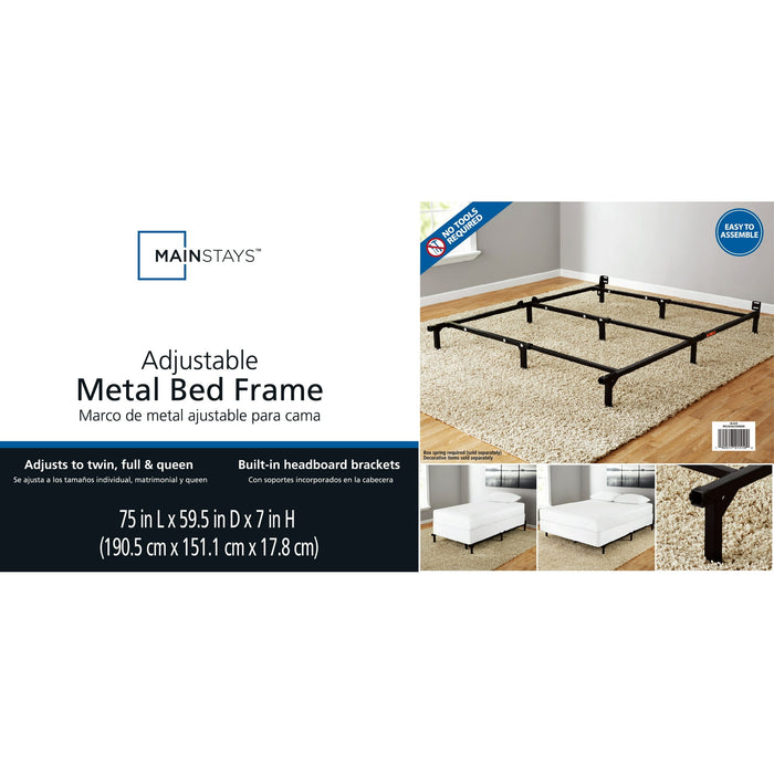 Mainstays 7" Twin/Full/Queen Size Adjustable Metal Bed Frame, Black, Box Spring Required - new