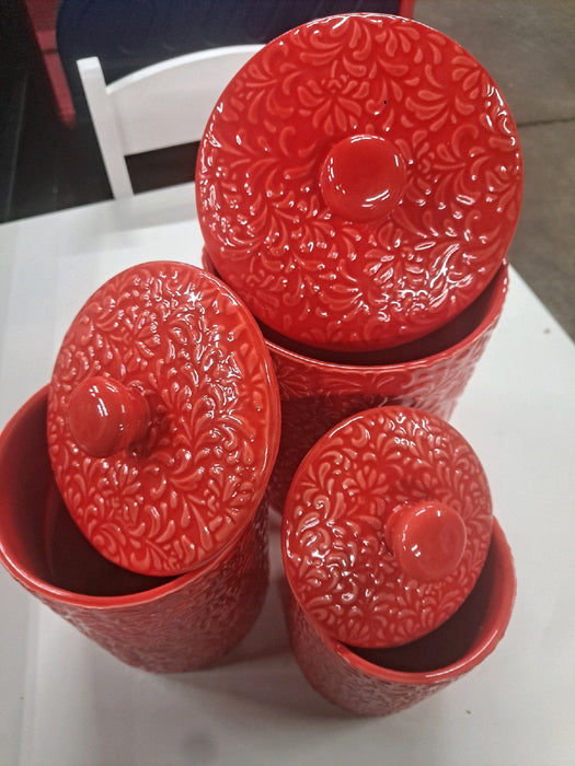 10 Strawberry Street Fleur Embossed 3 Piece Ceramic Canister Set, Red - new