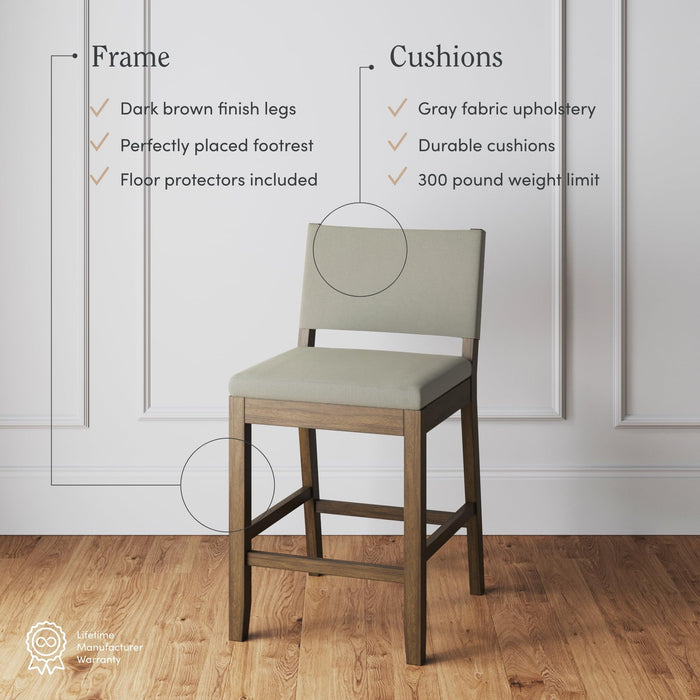 Nathan James Linus Modern Upholstered Counter Height Bar Stool with Back and Solid Rubberwood Legs in a Dark Brown Wood, Natural Light Grey/Brown, - new