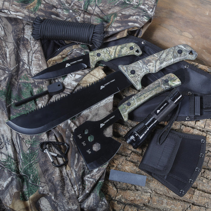 Ozark Trail 12-Pack Camping Tool Set with 180-Lumen Flashlight, 10" Machete, 4.5" Hatchet, 5" Knife, Sharpening Stone, Fire Starter, 50 Foot Utility Cord and Carabiners, Mossy Oak Dna Camo - new