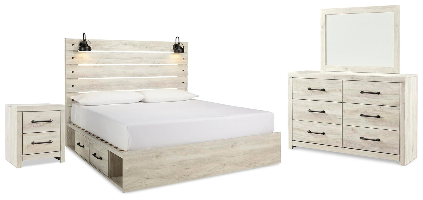 Cambeck Whitewash Cambeck King Panel Bed with 2 Storage Drawers with Mirrored Dresser and Nightstand