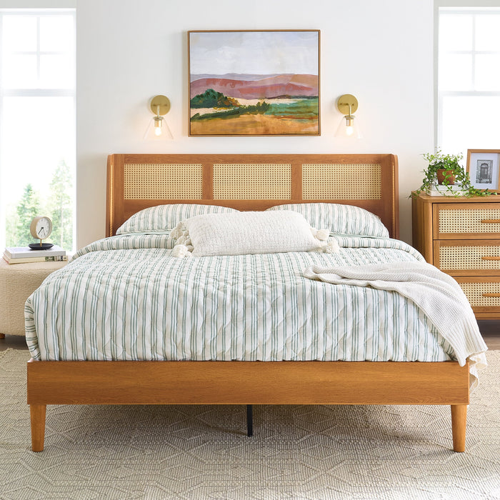 Better Homes & Gardens Springwood Caning Queen Platform Bed With Headboard, Light Honey Finish - new