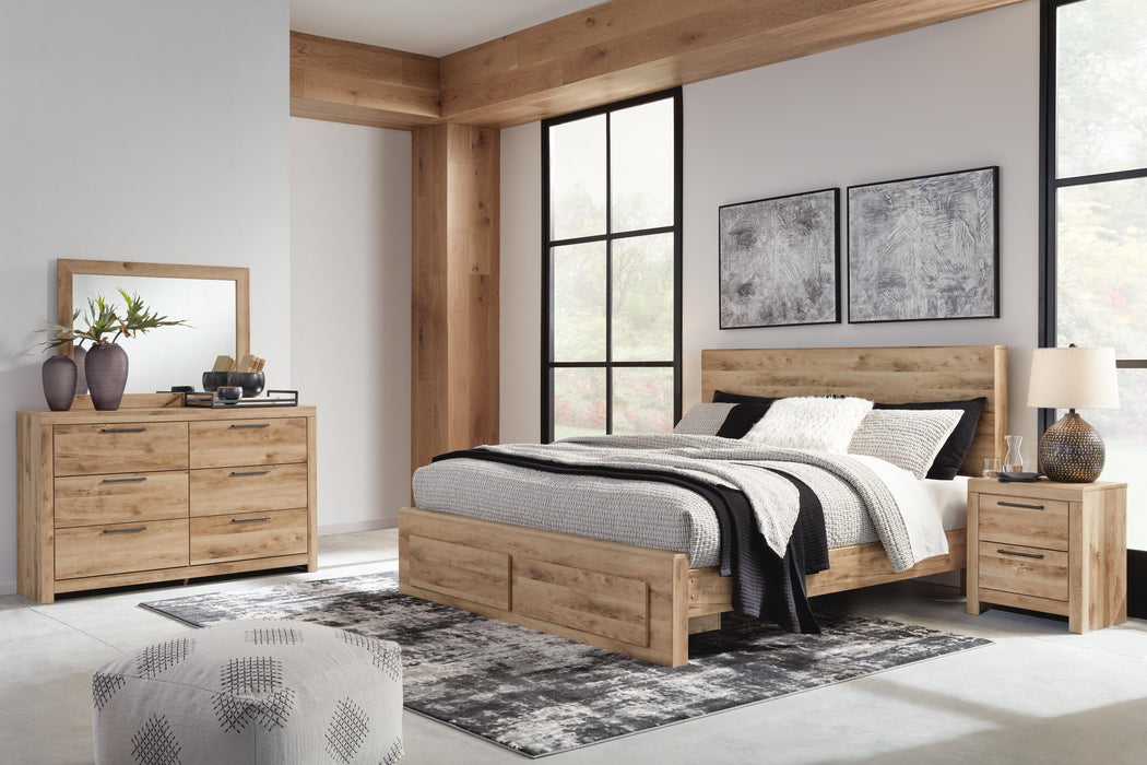 Hyanna Tan Brown Hyanna King Panel Storage Bed, Dresser, Mirror and Nightstand - Brand New