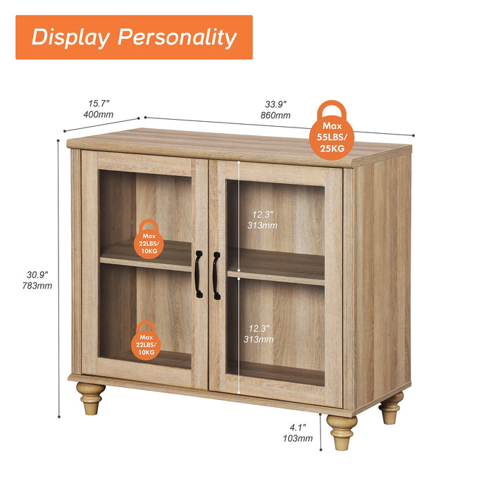 WAMAPT Sideboard Buffet Cabinets with Glass Door and Adjustable Shelf, Oak 34 inch - new