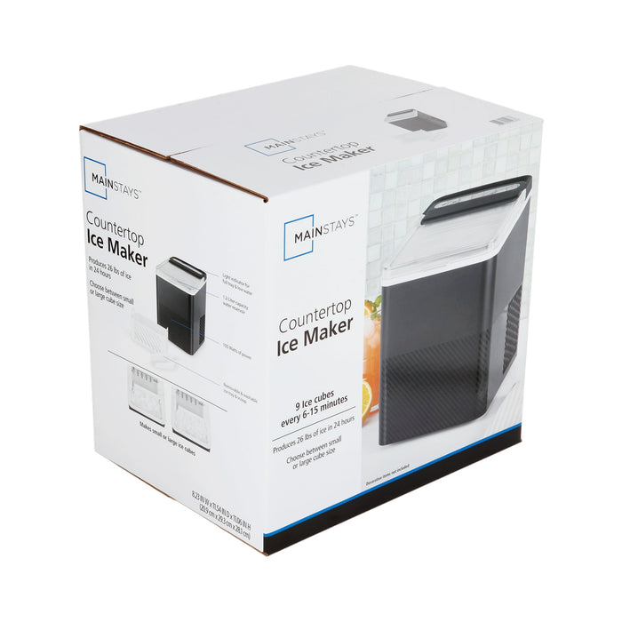 Mainstays Countertop Ice Maker, Rich Black, 9 Bullet Cubes, 2 Ice Sizes, 26 lbs/24H with Removable & Washable Ice Tray & Scoop, with Self-Cleaning Function - use_like_new
