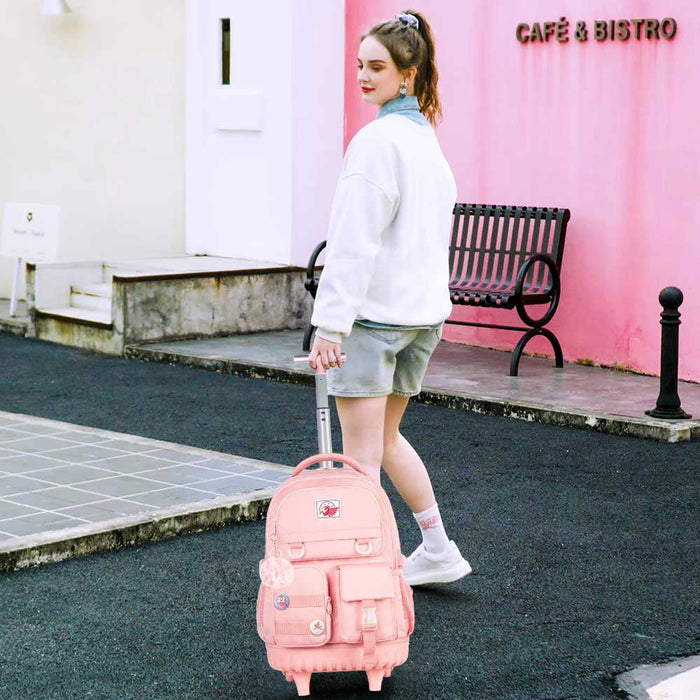 AGSDON Rolling Backpack for Girls and Women, Roller Wheels School Bookbag, Wheeled Suitcase Backpacks with Lunch Bag for Teen - Pink - new