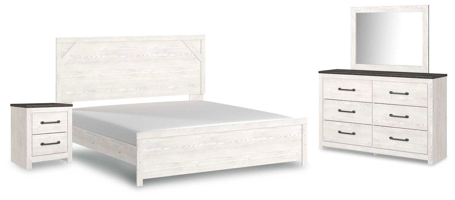Gerridan White/Gray Gerridan King Panel Bed with Mirrored Dresser and Nightstand