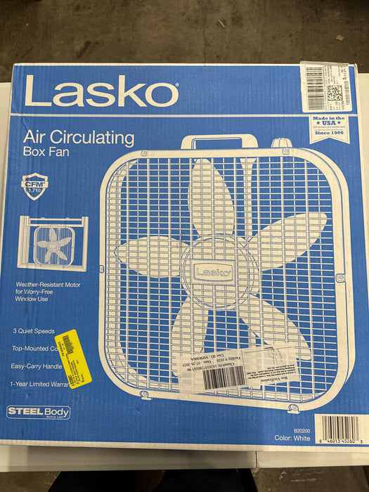 Lasko 20" Classic Box Fan with Weather-Resistant Motor, 3 Speeds, 22.5" H, White, B20200, New - open_box