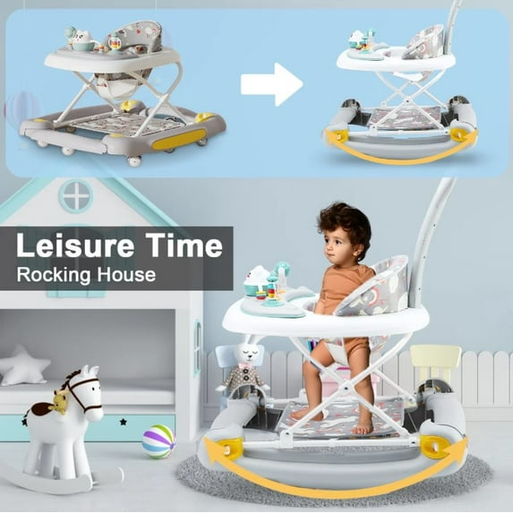 LHUAI 6-in-1 Baby Walker With Wheels, Bouncer, Removable Footrest, Feeding Tray & Music, Foldable & Adjustable Activity Walker For Boys And Girls, Toddler Infant, Grey - new