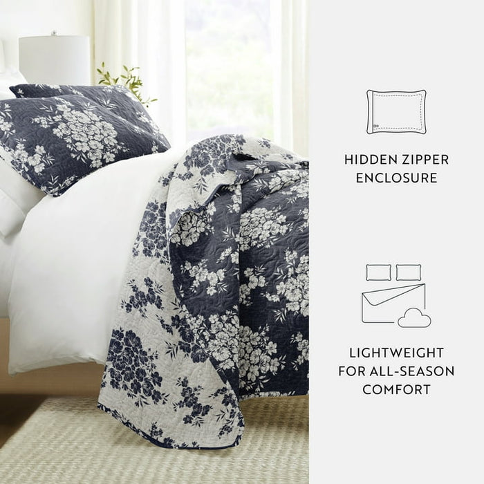 Noble Linens 3-Piece Navy Distressed Bouquet Reversible Quilt Set, Queen - open_box