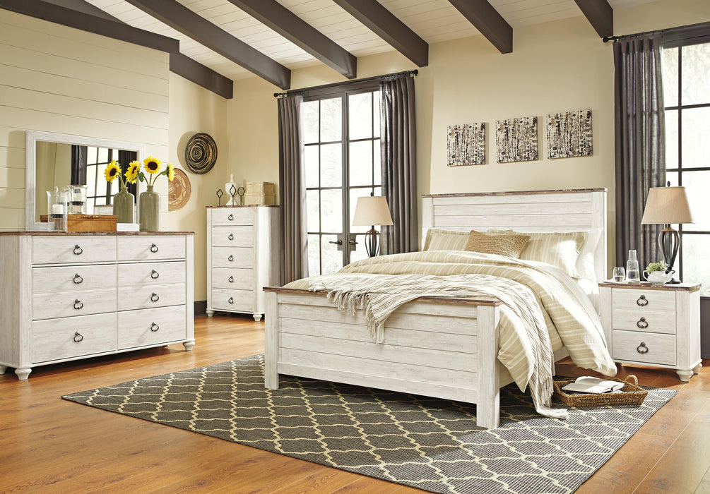 Willowton Whitewash Willowton Queen Panel Bed with Mirrored Dresser, Chest and Nightstand
