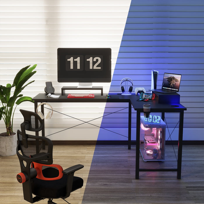 GTRACING L-Shaped Gaming Desk with RGB Light and Removable Storage Stands, Black - open_box