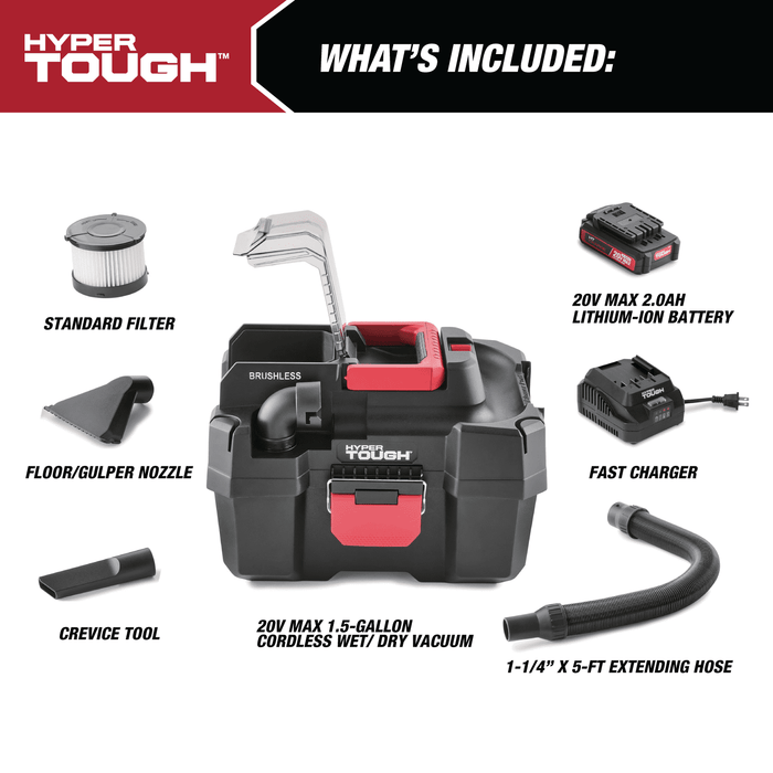 Hyper Tough 1.5 Gallon Wet Dry Vac, 20V Max, Brushless Motor, Cordless, Battery and Charger Included - new