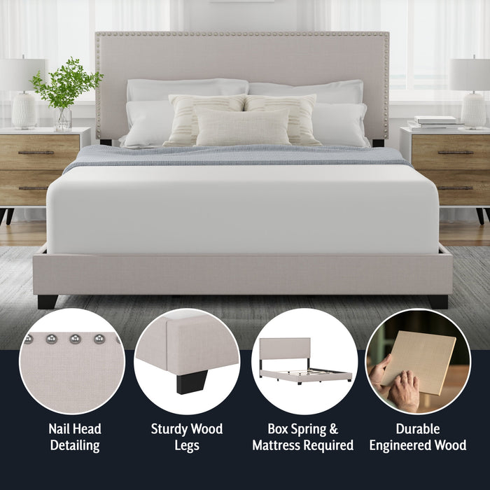 Willow Nailhead Trim Upholstered Queen Bed, Fog - new