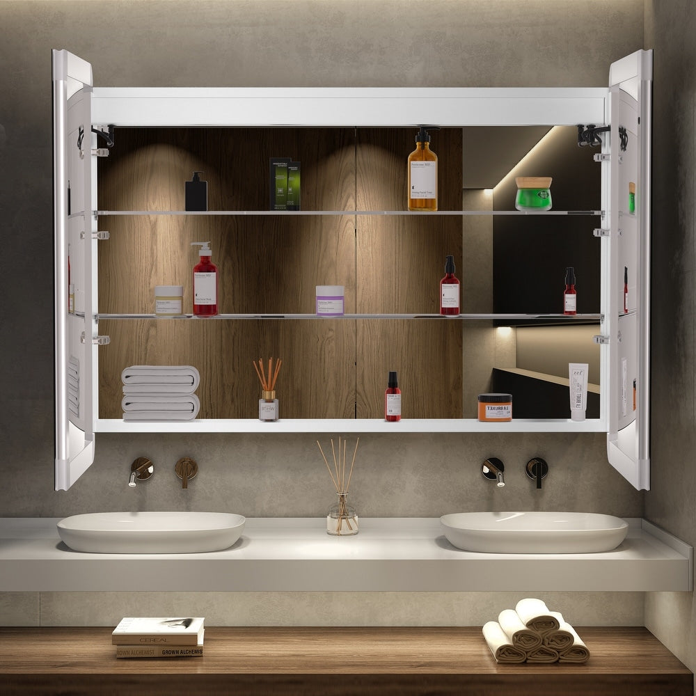 Aluminum LED Bathroom Medicine Cabinet with Mirror,Recessed or Wall-mounted,Defogger,Built-in power and USB - open_box