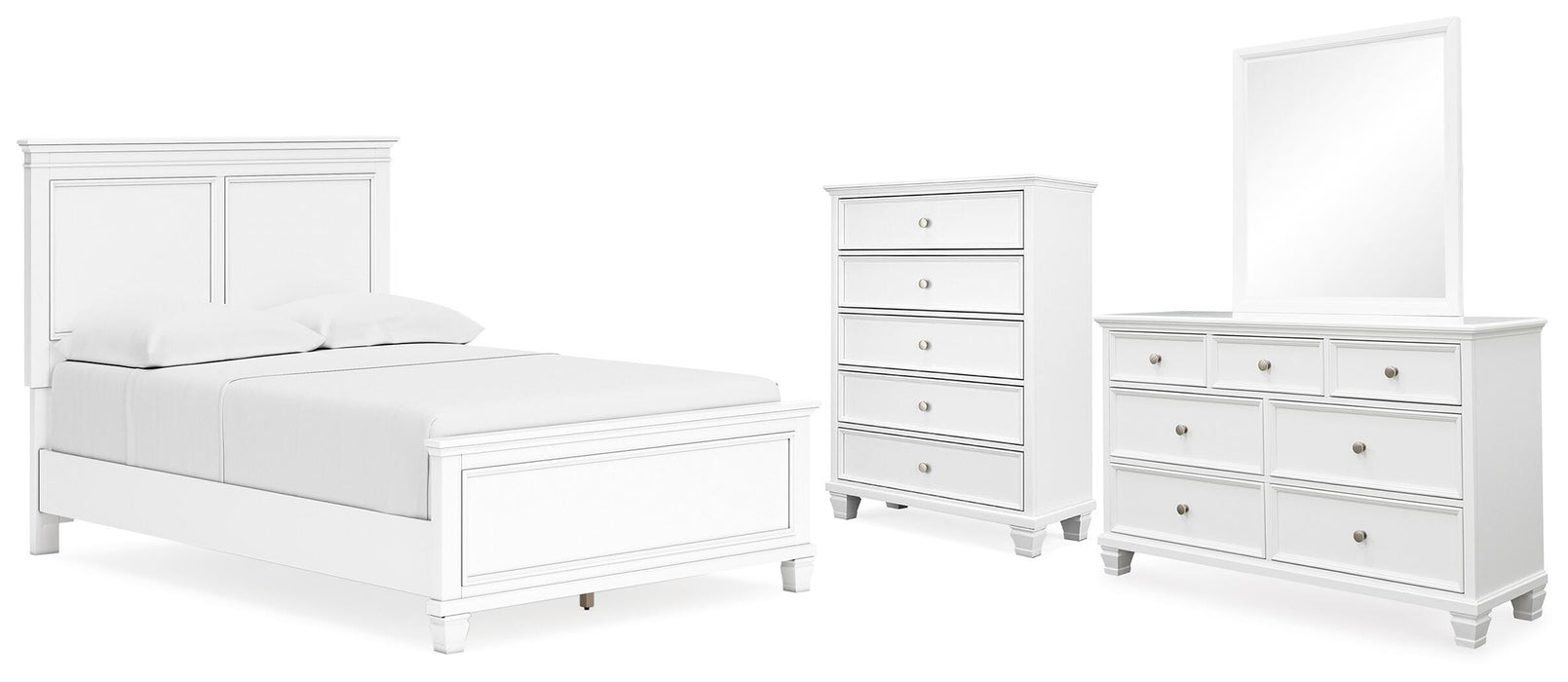 Fortman White Fortman Full Panel Bed with Mirrored Dresser and Chest - Brand New