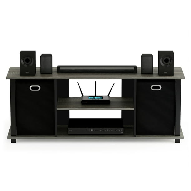 Furinno 13054 Econ Entertainment Center w/Storage Bins, French Oak Grey/Black/Black - open_box