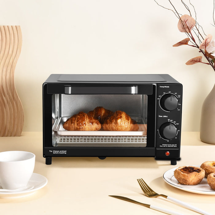 Mainstays 4-Slice Countertop Toaster Oven with 3 Settings, Includes Baking Rack and Pan, Black, New - new