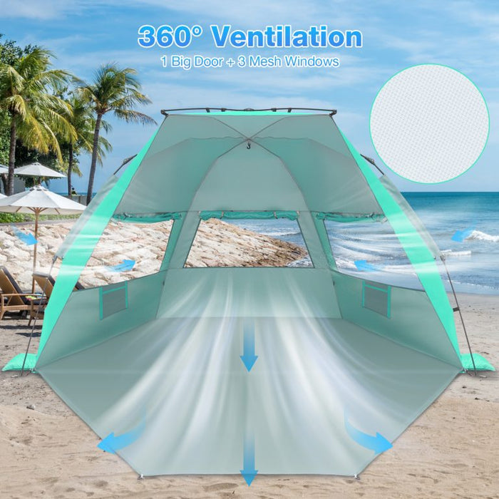 Beach Tent, 4-6 Person Pop-up Beach Tent Sun Shelter, UPF 50+ UV Protection Portable Waterproof Beach Tent, Sunshade with Extendable Floor for Family, Fishing, Camping, Green - new