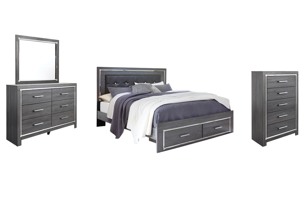Lodanna Gray Lodanna King Panel Bed with 2 Storage Drawers with Mirrored Dresser and Chest