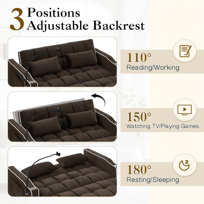 Dinosisco 3-in-1 Convertible Loveseat Sleeper, 55" Futon Sofa Bed with Phone Stand, USB, Brown Velvet - new
