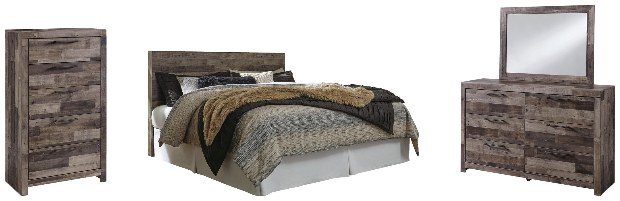 Derekson Multi Gray Derekson King Panel Headboard Bed with Mirrored Dresser and Chest