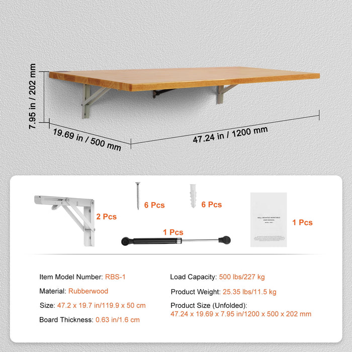 KFFKFF Wall-Attachable Collapsible Table, Dimensions 47.24" x 19.69", Wall-Hanging Drop Leaf Design, Wood Crafted Desk with Metal Support, Foldable Workstation for Compact Areas - open_box