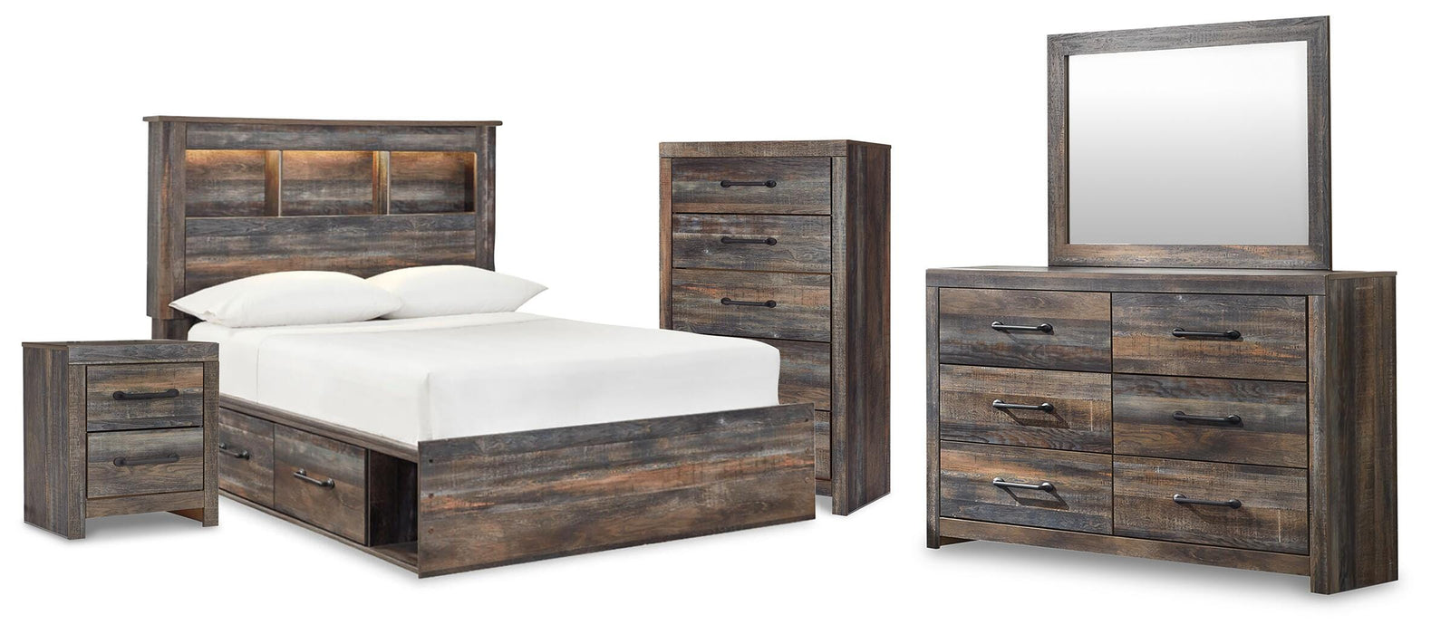 Drystan Multi Drystan Full Bookcase Bed with 2 Storage Drawers with Mirrored Dresser, Chest and Nightstand