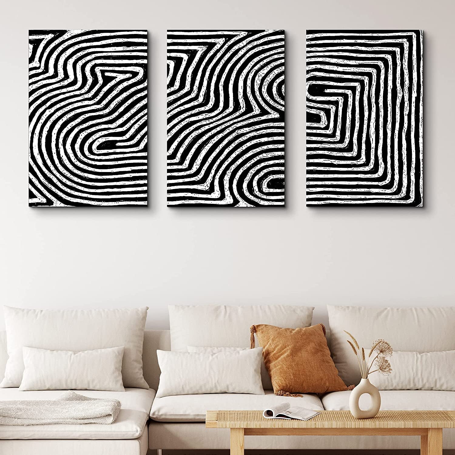 PixonSign Canvas Print Wall Art Set Smooth and Bumpy Line Pattern Geometric Shapes Illustrations Modern Art Contemporary Edgy Dark Black and White for Living Room, Bedroom, Office - 16