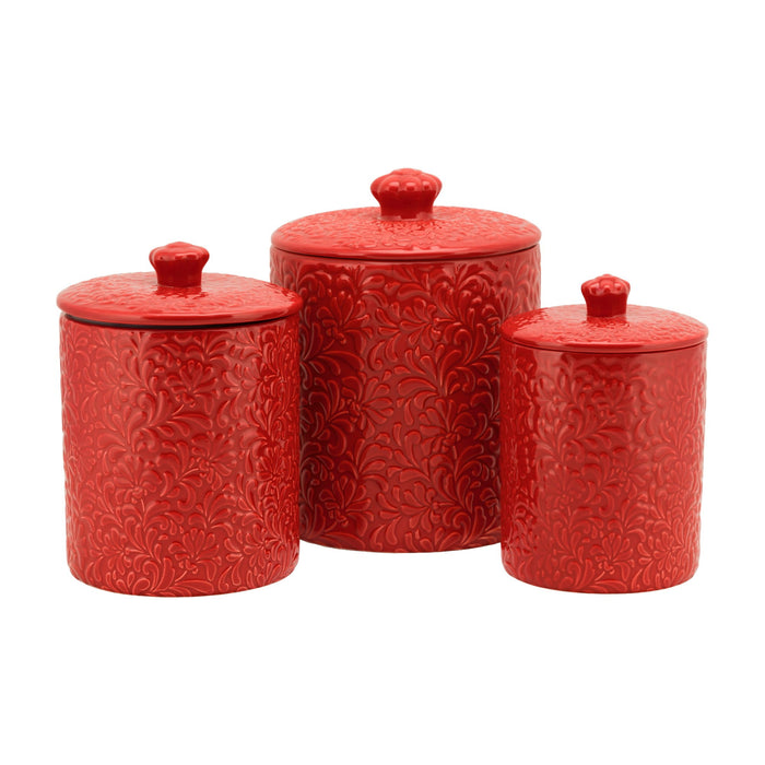 10 Strawberry Street Fleur Embossed 3 Piece Ceramic Canister Set, Red - new
