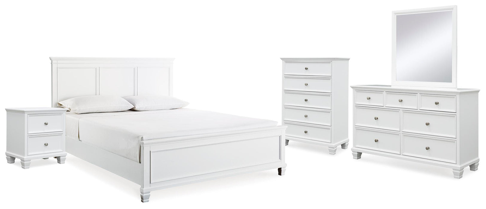 Fortman White Fortman King Panel Bed with Mirrored Dresser, Chest and Nightstand