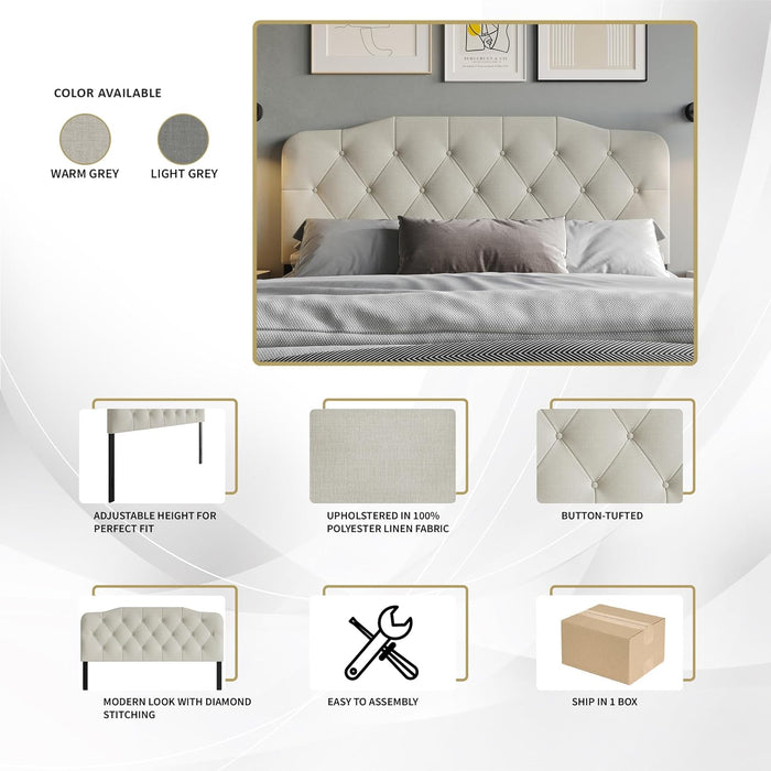 Upholstered Headboard King Size, Modern Button Diamond Tufted Linen, Bed Headboard with Solid Wood Legs & Adjustable Height from 42" to 46" (Warm Gray, King) - new