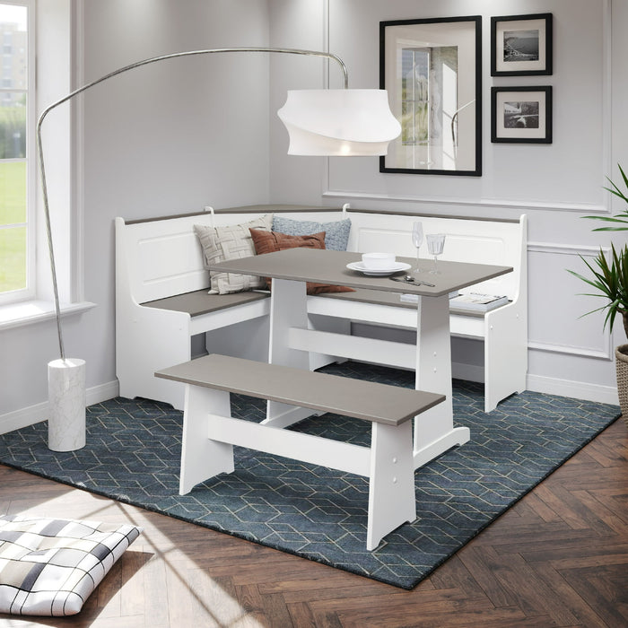 Linon Ardmore Indoor Farmhouse Corner Dining Breakfast Nook with Table and Storage, Seats 5, White/Gray - new