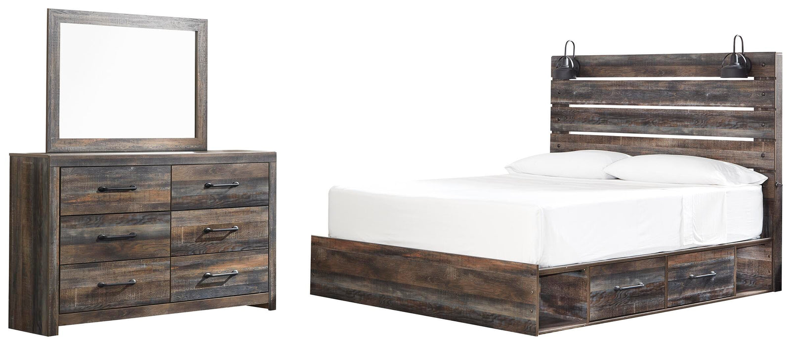 Drystan Multi Drystan King Panel Bed with 2 Storage Drawers with Mirrored Dresser