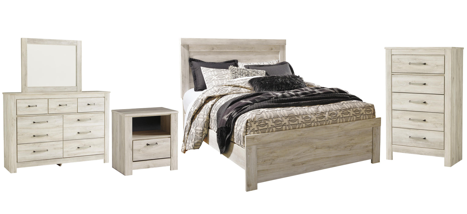 Bellaby Whitewash Bellaby Queen Panel Bed with Mirrored Dresser, Chest and Nightstand - Brand New