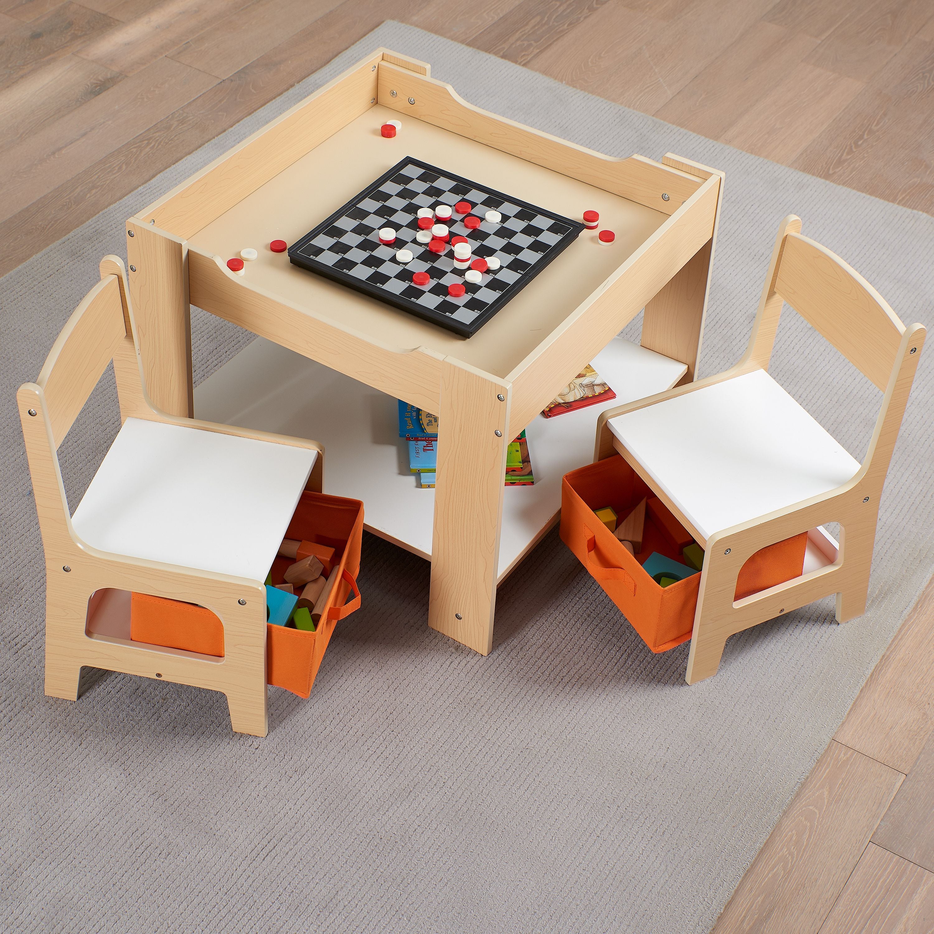 Senda Kids 3 Piece Wooden Storage Table and Chairs Set, White and Natural, Ages 3-7 - open_box