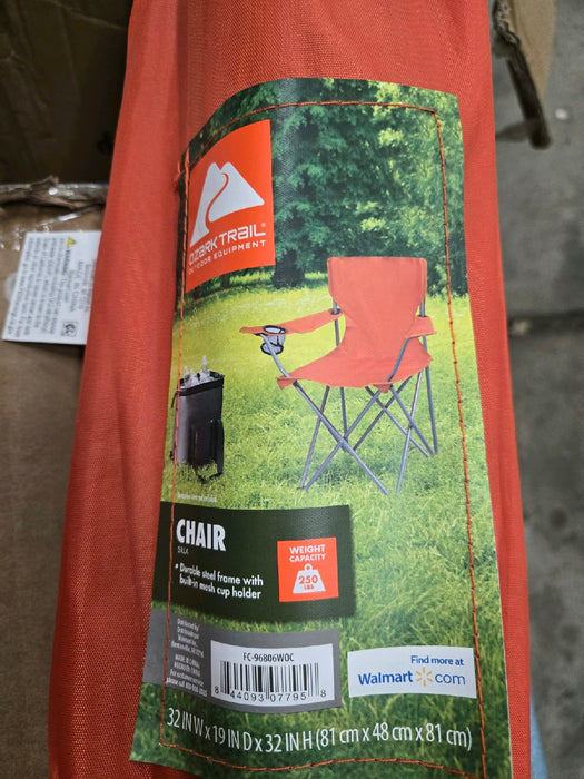 Ozark Trail Folding Camp Chair with Cup Holder – Lightweight, Portable Outdoor Chair for Camping, Tailgating & Sports – Orange Crush - new