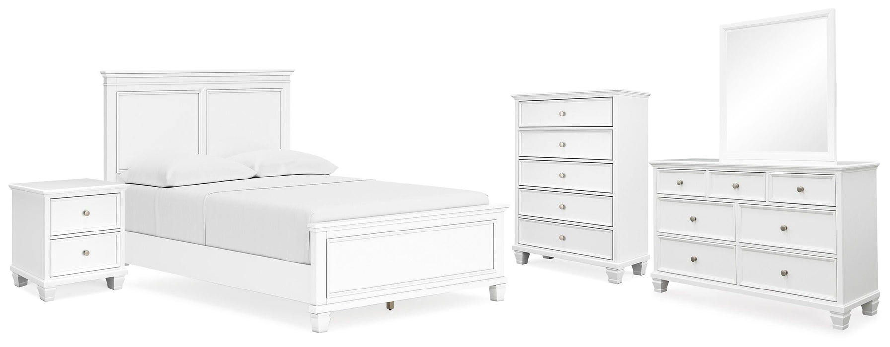 Fortman White Fortman Full Panel Bed with Mirrored Dresser, Chest and Nightstand - Brand New