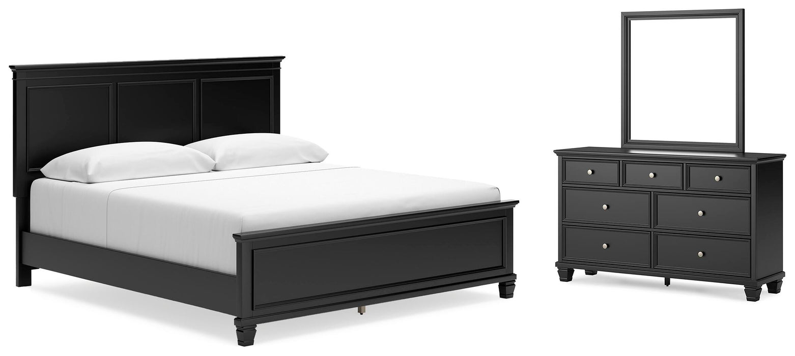 Lanolee Black Lanolee King Panel Bed with Mirrored Dresser - Brand New
