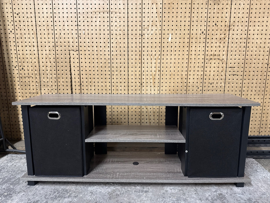 Furinno 13054 Econ Entertainment Center w/Storage Bins, French Oak Grey/Black/Black - open_box