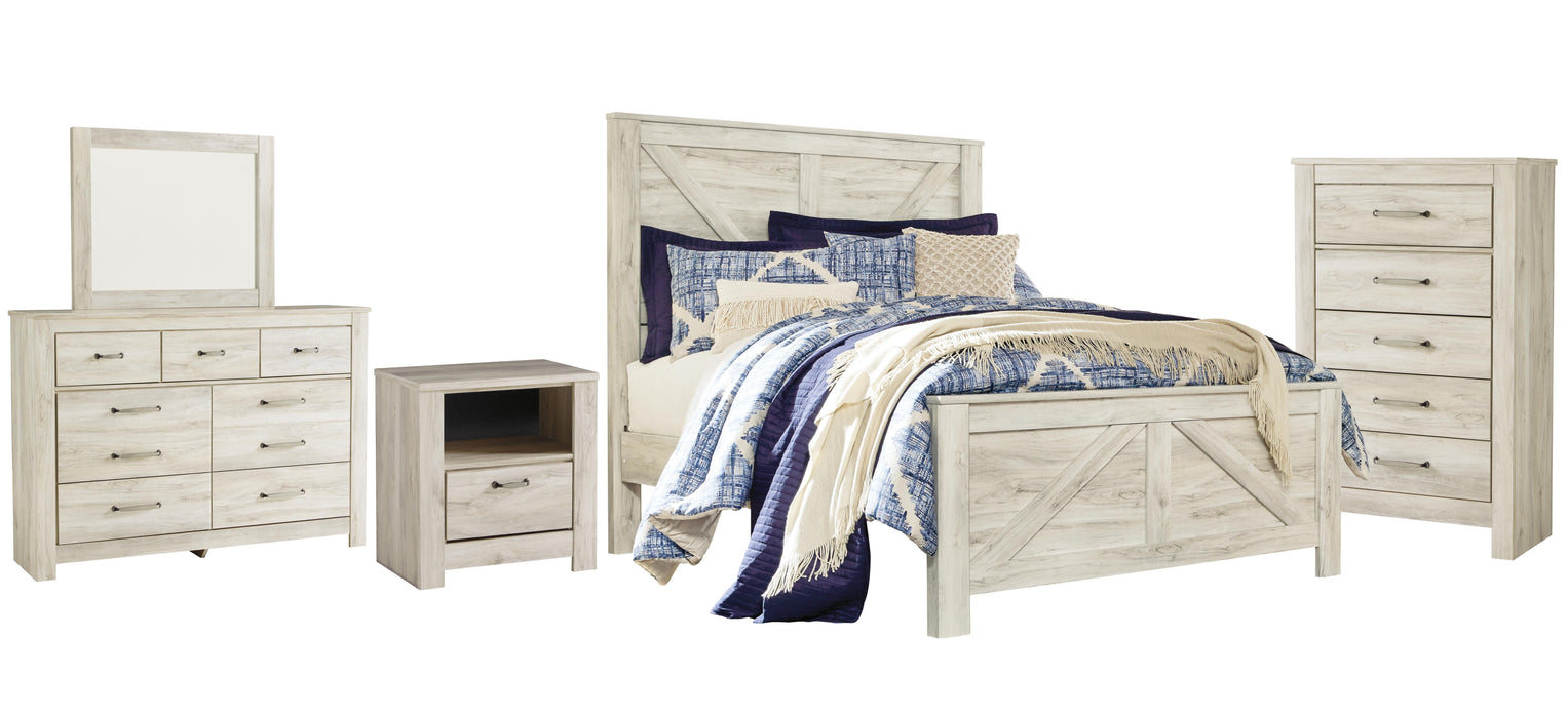 Bellaby Whitewash Bellaby Queen Crossbuck Panel Bed with Mirrored Dresser, Chest and Nightstand
