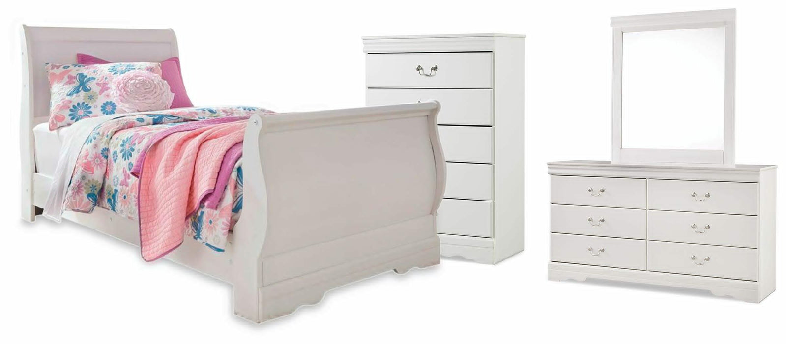 Anarasia White Anarasia Twin Sleigh Bed with Mirrored Dresser and Chest