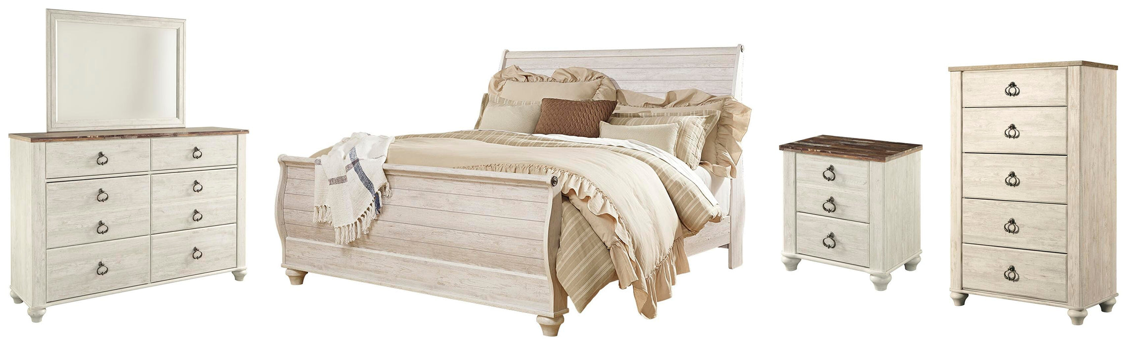 Willowton Whitewash Willowton King Sleigh Bed with Mirrored Dresser, Chest and Nightstand - Brand New