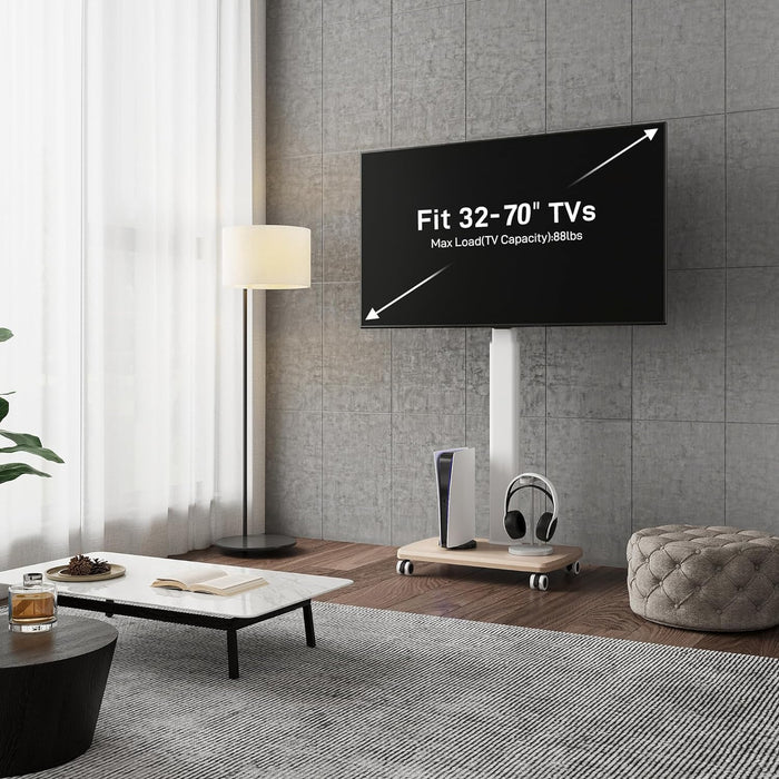 FITUEYES Rolling TV Stand for 32 to 65 70 Inch TVs, Portable Mobile TV Cart on Wheels, Tall Universal TV Floor Stands with Swivel Mount, Fit Corner, Bedroom, Living Room, Small Dorm (White) - Brand New