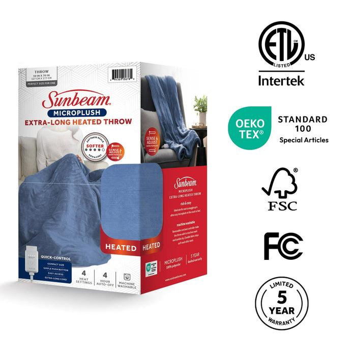 Sunbeam Electric Heated Throw Blanket Oversize Blue Corduroy Microplush 4 Heat Settings - new