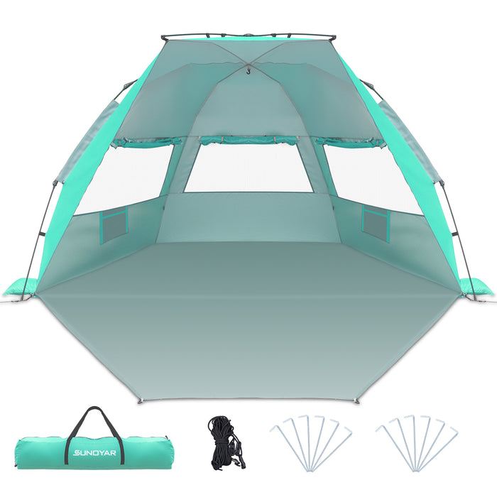 Beach Tent, 4-6 Person Pop-up Beach Tent Sun Shelter, UPF 50+ UV Protection Portable Waterproof Beach Tent, Sunshade with Extendable Floor for Family, Fishing, Camping, Green - new