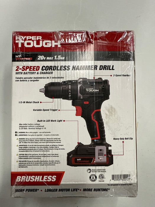 Hyper Tough 20V Max Brushless 2-Speed Cordless Hammer Drill with 1.5Ah Lithium-Ion Battery and Charger - open_box